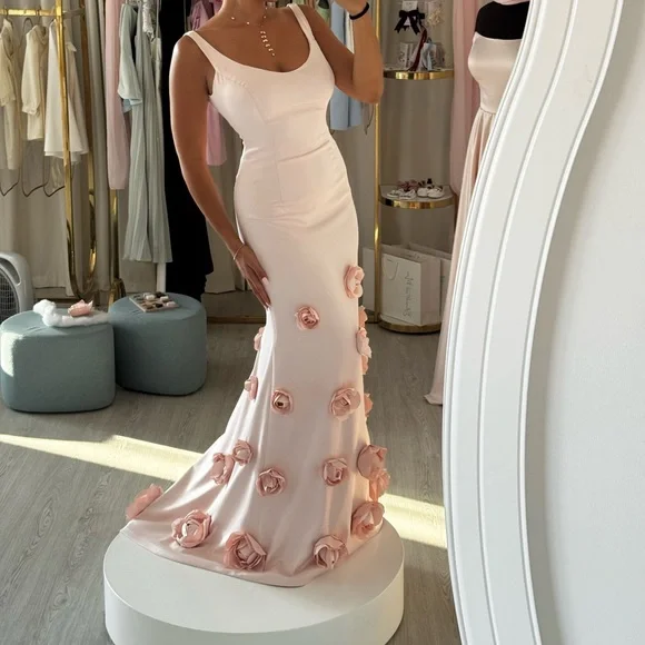 Pretty Pink Satin 3D Rose Flowers Mermaid Party Dress Long Evening Gown D1360