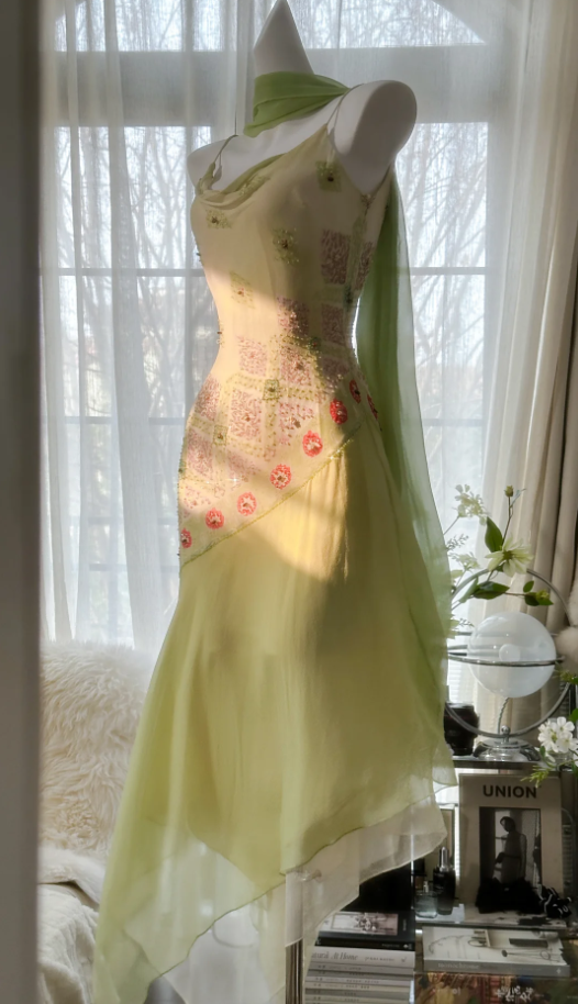 Classy Spaghetti Straps Light Green Chiffon Beaded Mermaid Long Party Dress Evening Gown D1790