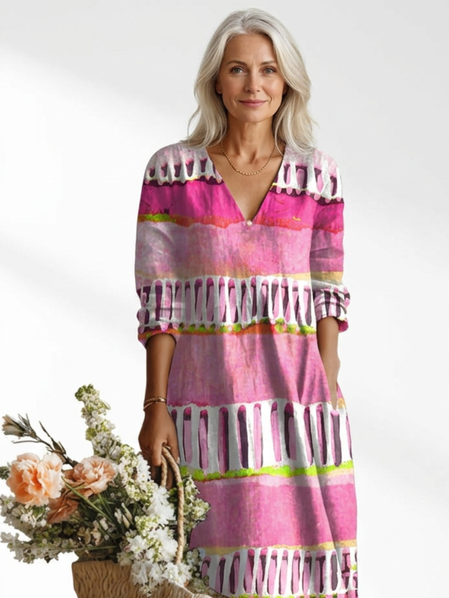 Painterly Stripe Print V-Neck Long Sleeve Tiered Midi Dress 2