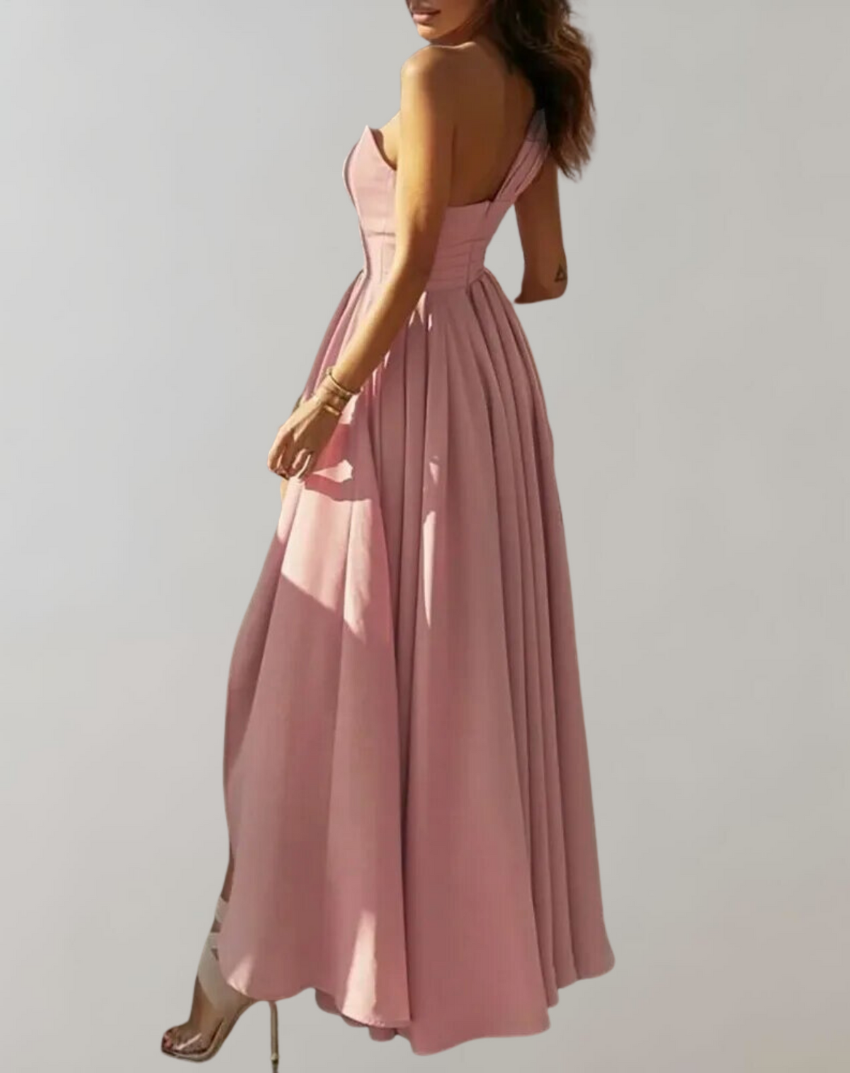 One Shoulder Corset Boned Pleated High Split Maxi Cocktail Gown