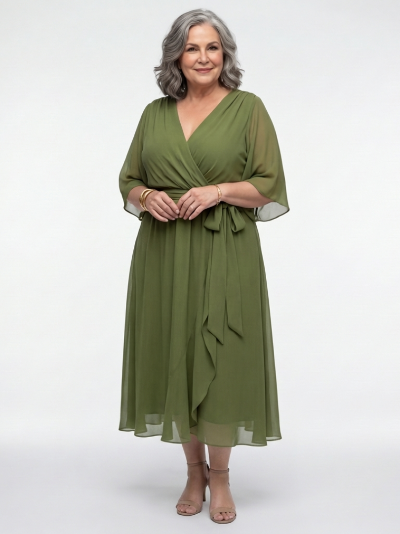 V-Neck Kimono Sleeve Waist Tie Ruffle Hem Midi Dress 6
