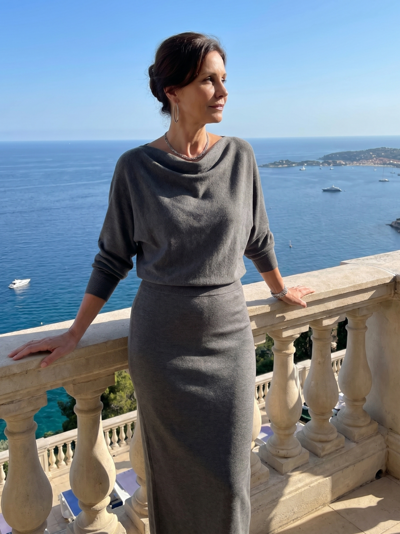 Cowl Neck Long Sleeve Fitted Knit Midi Dress 9