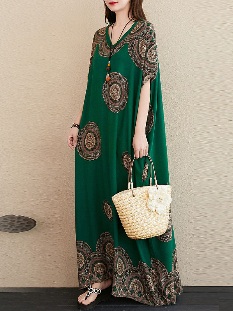 Medallion Print V-Neck Short Sleeve Loose Kaftan Maxi Dress 4