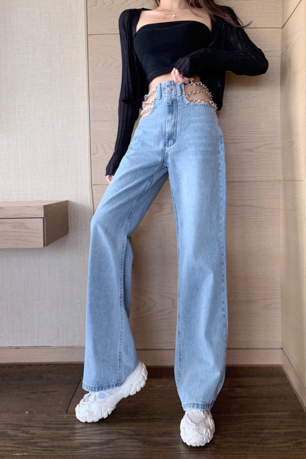 KittenAlarm - Chain Waist Casual Long Jeans Pants
