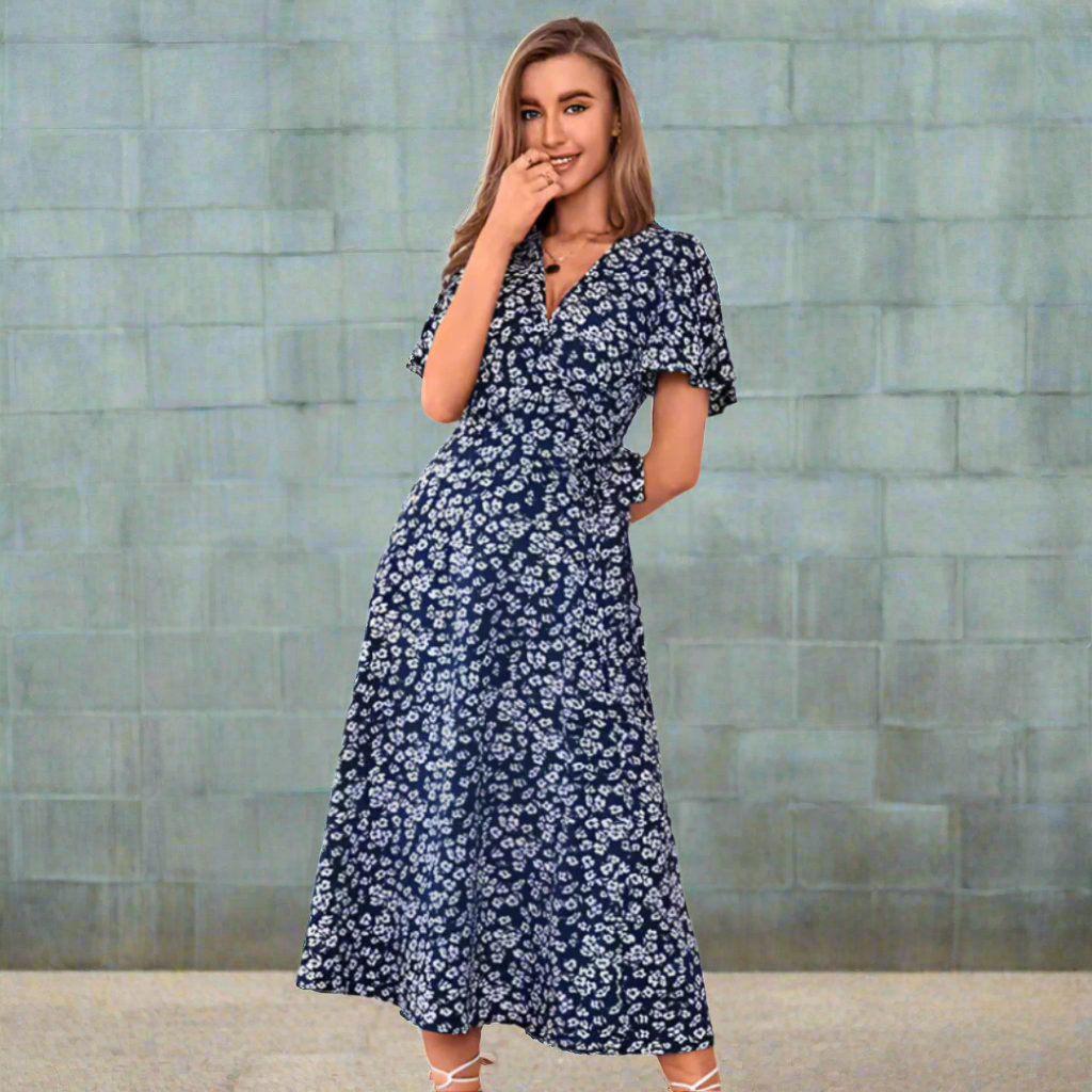 Floral V-Neck Short Sleeve Wrap Midi Dress 4