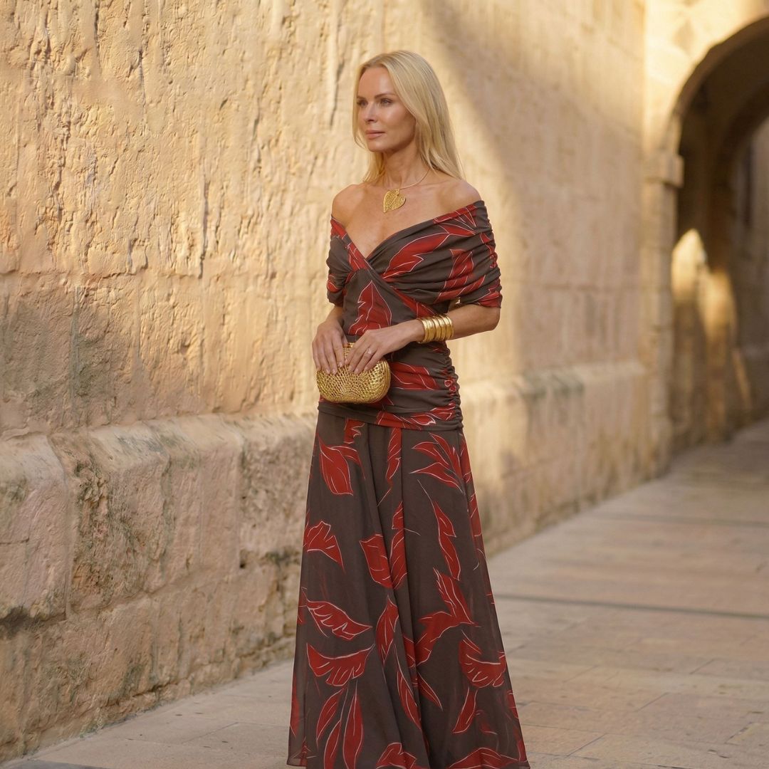 Off Shoulder Leaf Print Ruched Twist Maxi Dress
