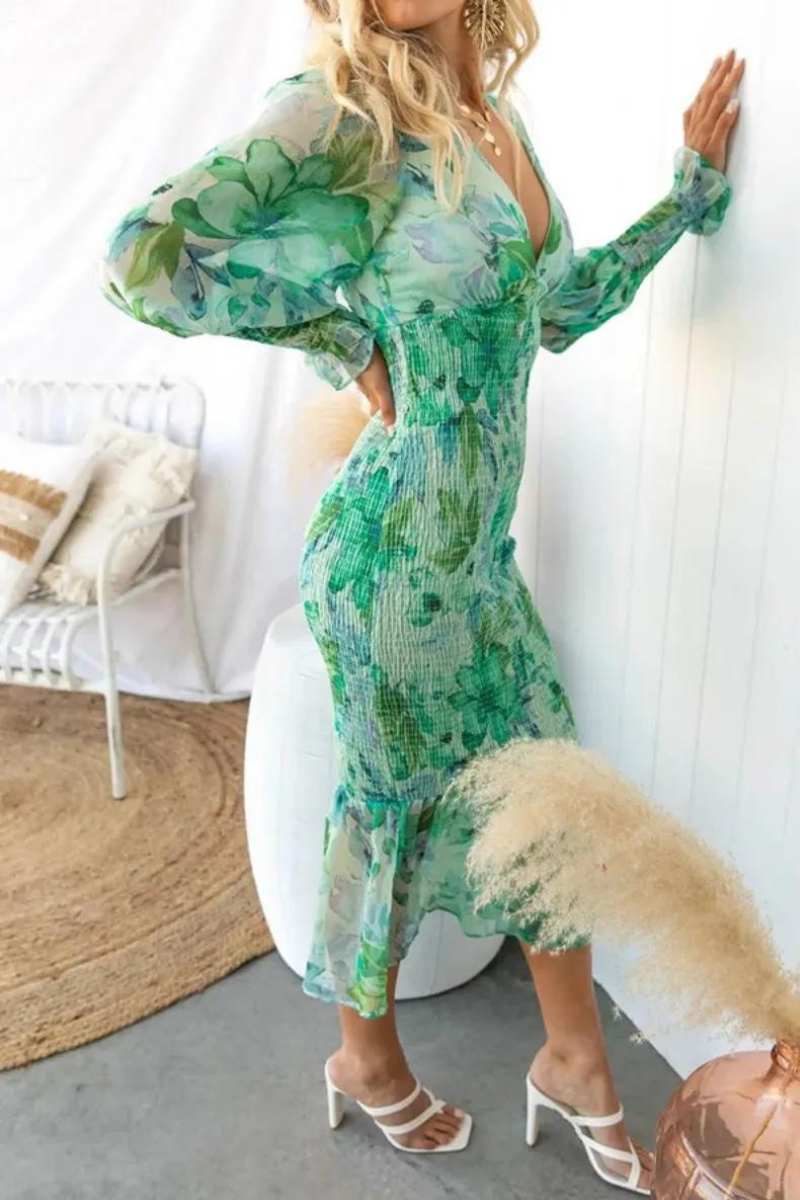 Floral Print Deep V-Neck Bishop Sleeve Ruffle Hem Mermaid Midi Dress - View 9