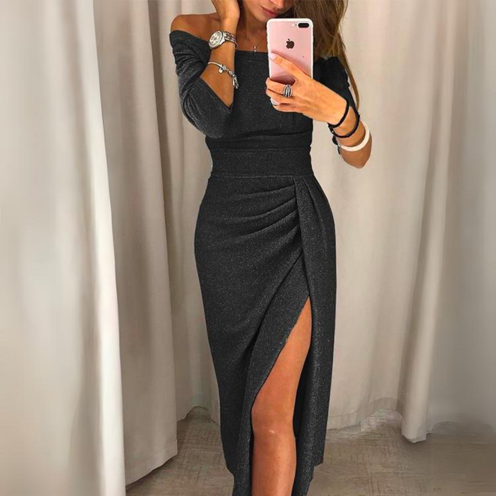 Off Shoulder Long Sleeve Ruched High Split Wrap Midi Dress - View 2