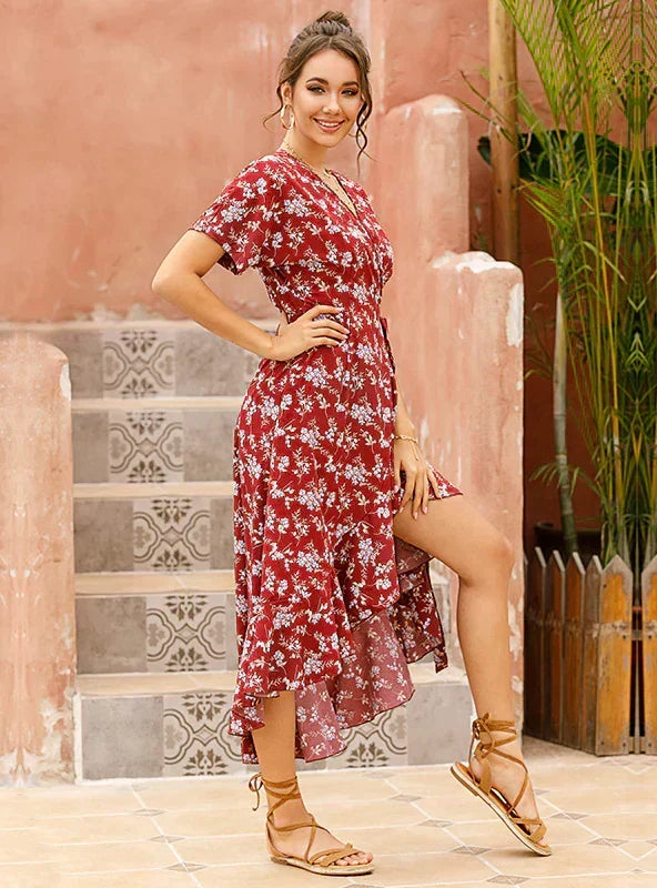 Floral Wrap V-Neck Flutter Sleeve High Low Midi Dress 2