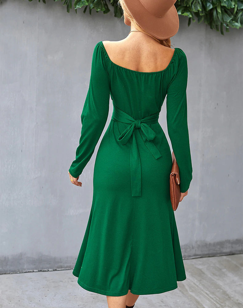 Ruched Sweetheart Long-Sleeve Fit-and-Flare Midi Dress 4