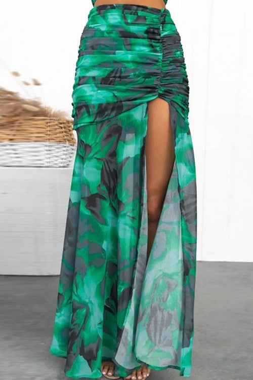 Ruched Crop Cami Top High Slit Maxi Skirt Printed Set - Fashionpara