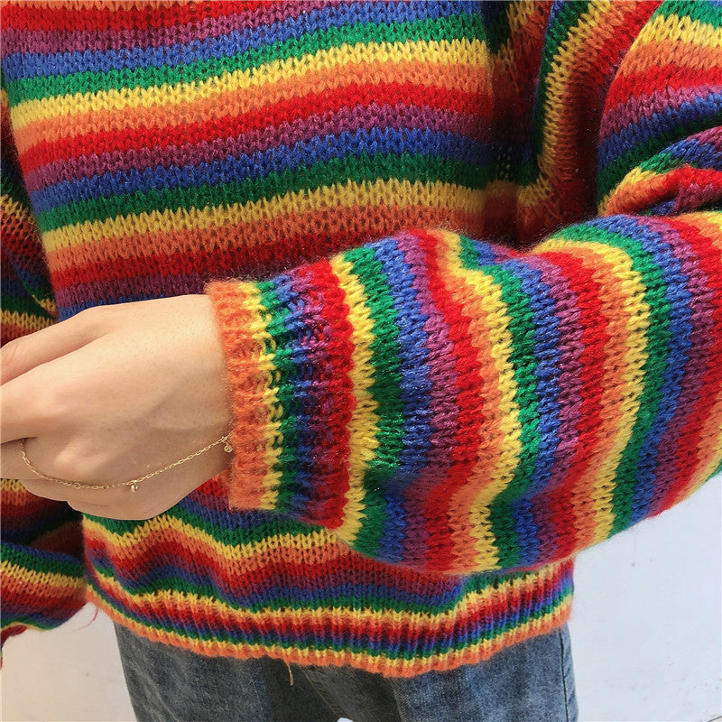KittenAlarm - Rainbow Striped Casual Cropped Sweater