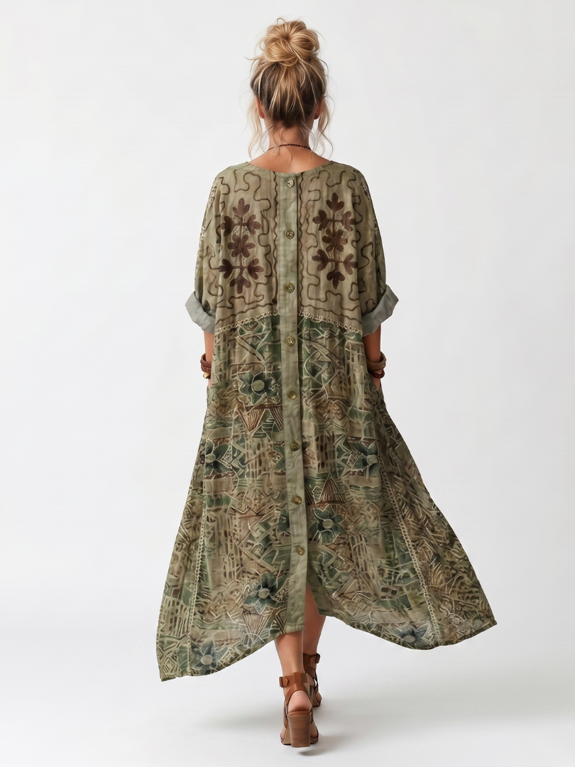 Boho Print V-Neck Button Front Pocket Midi Dress 4