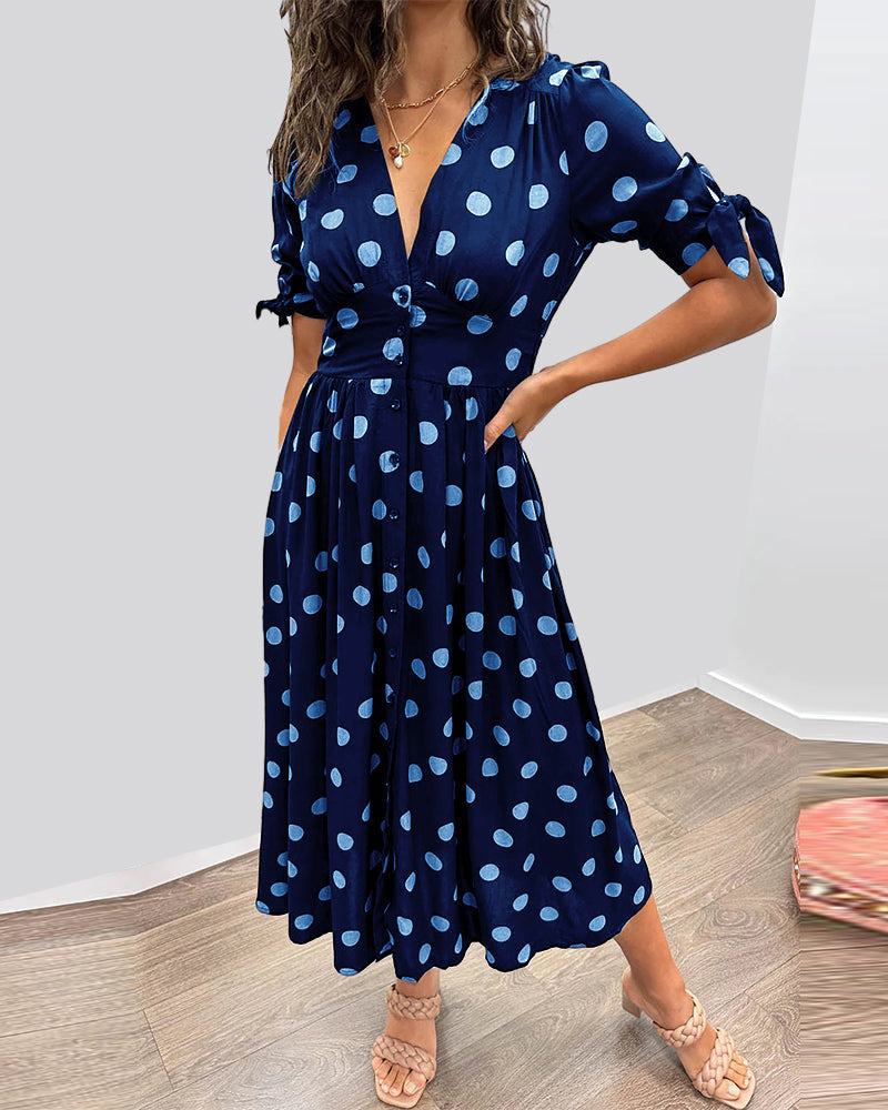 Polka Dot Deep V-Neck Button Front Puff Sleeve Tie Cuff Midi Dress - View 11