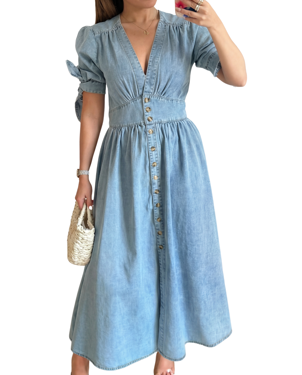 Denim Look V-Neck Tie Sleeve Button Front Midi Dress