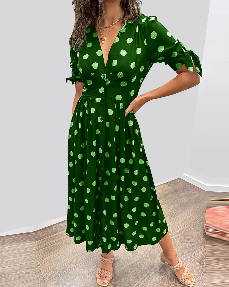 Polka Dot Deep V-Neck Button Front Puff Sleeve Tie Cuff Midi Dress - View 10
