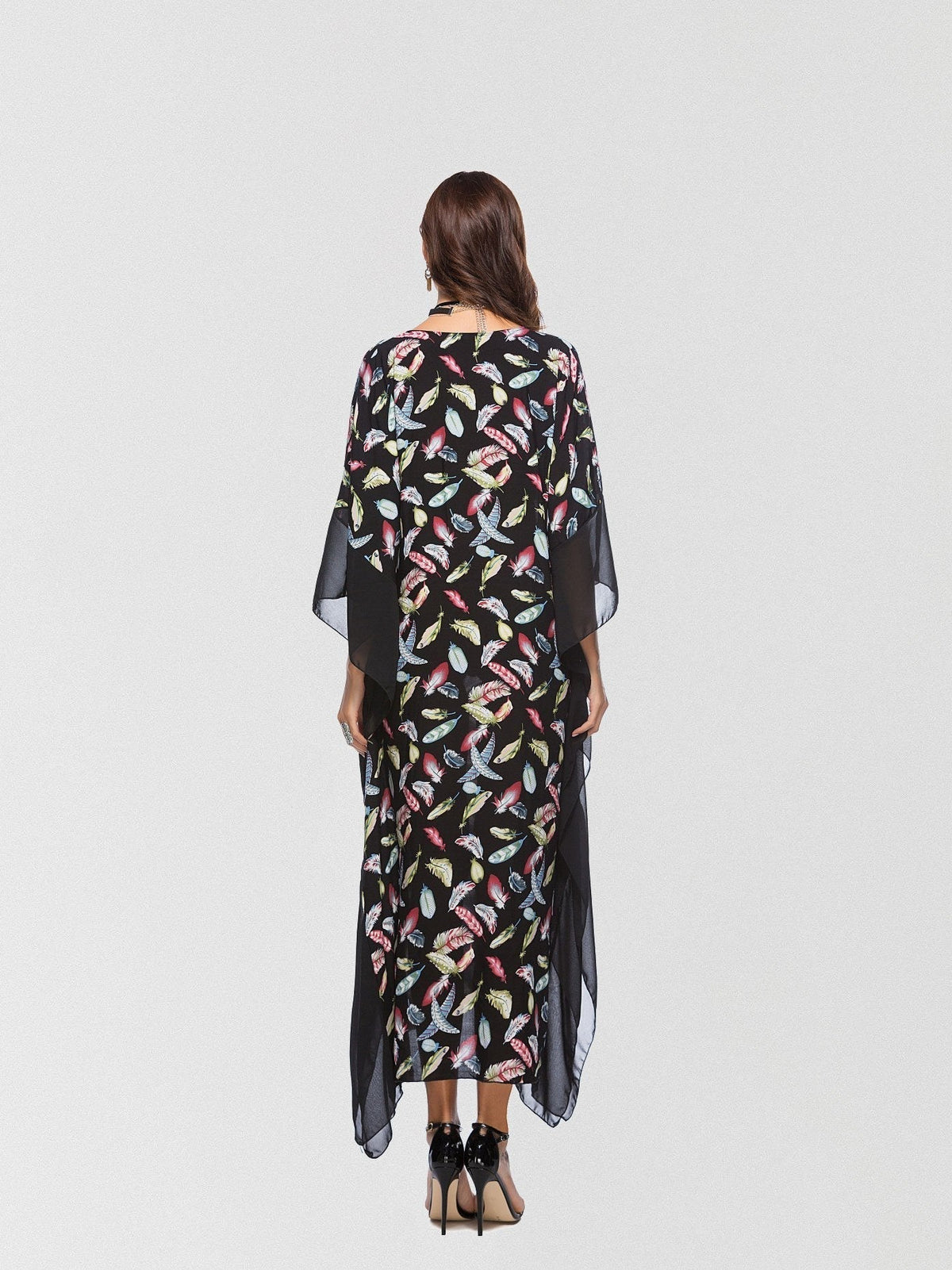 Feather-Print Chiffon V-Neck Batwing-Sleeve Kaftan Maxi Dress 7