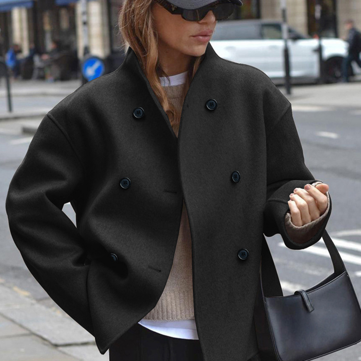 Stand Collar Double Breasted Long Sleeve Cropped Coat 9