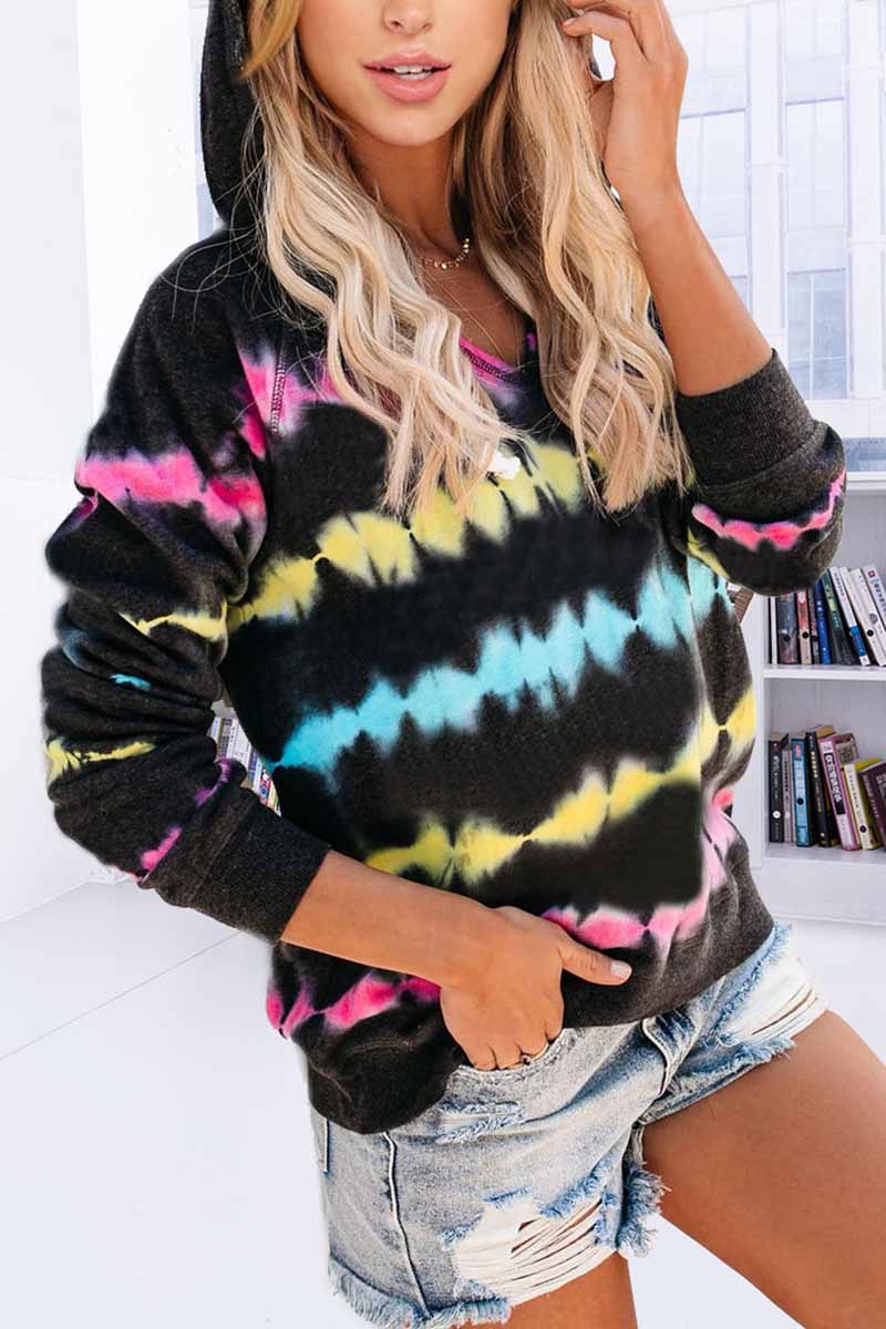 Florcoo Color Striped Print Casual Hoodie
