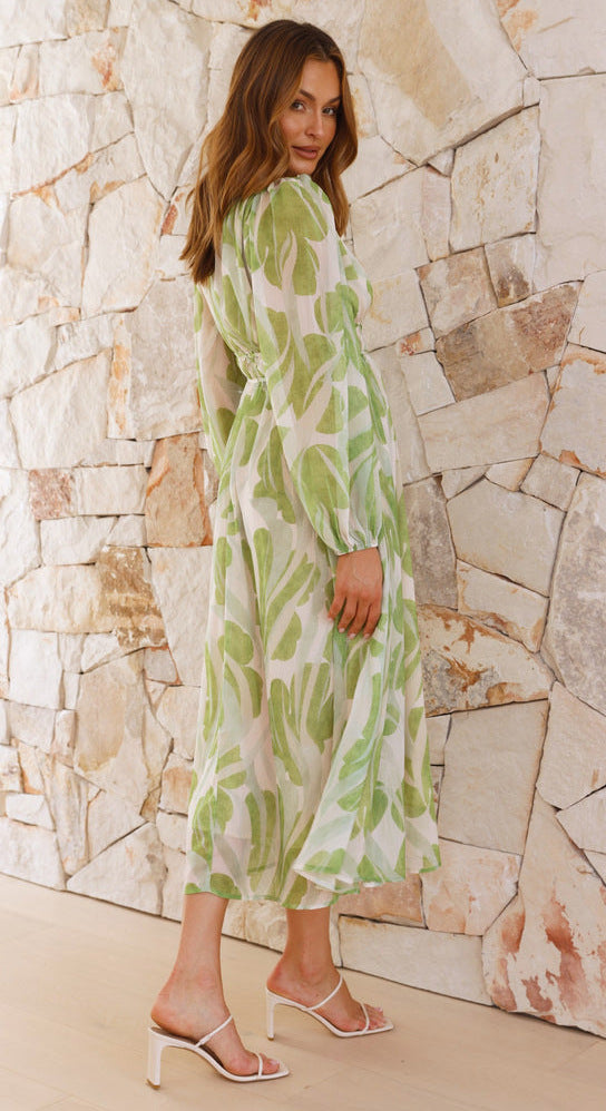 Printed V-Neck Puff-Sleeve Empire A-Line Midi Dress 4