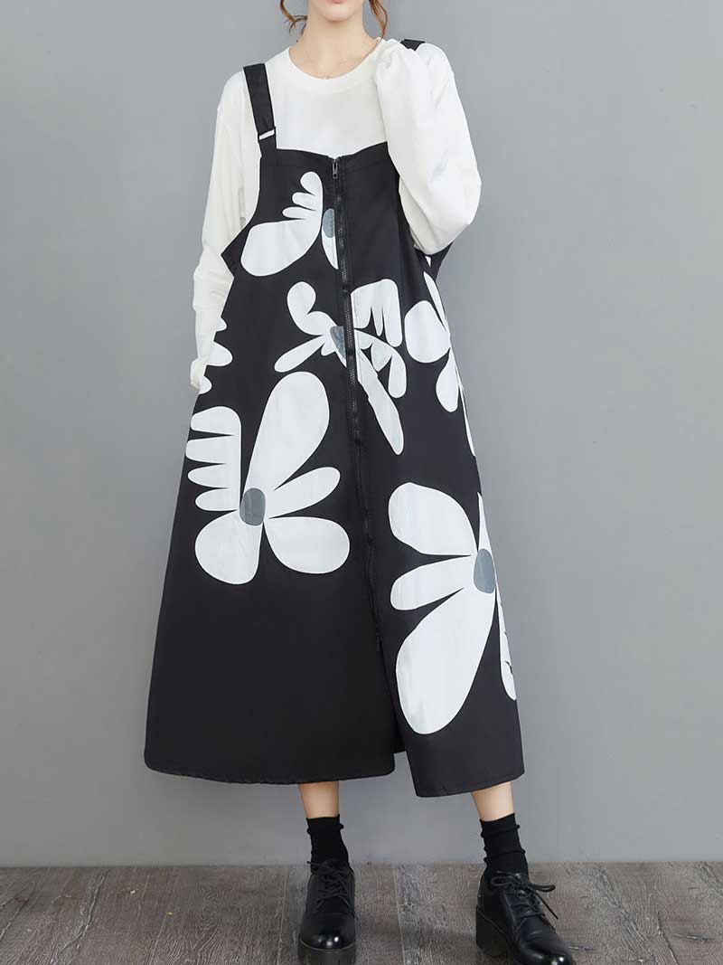 Cotton Floral Art Black Front Zip Salopette Dress - Fashionpara