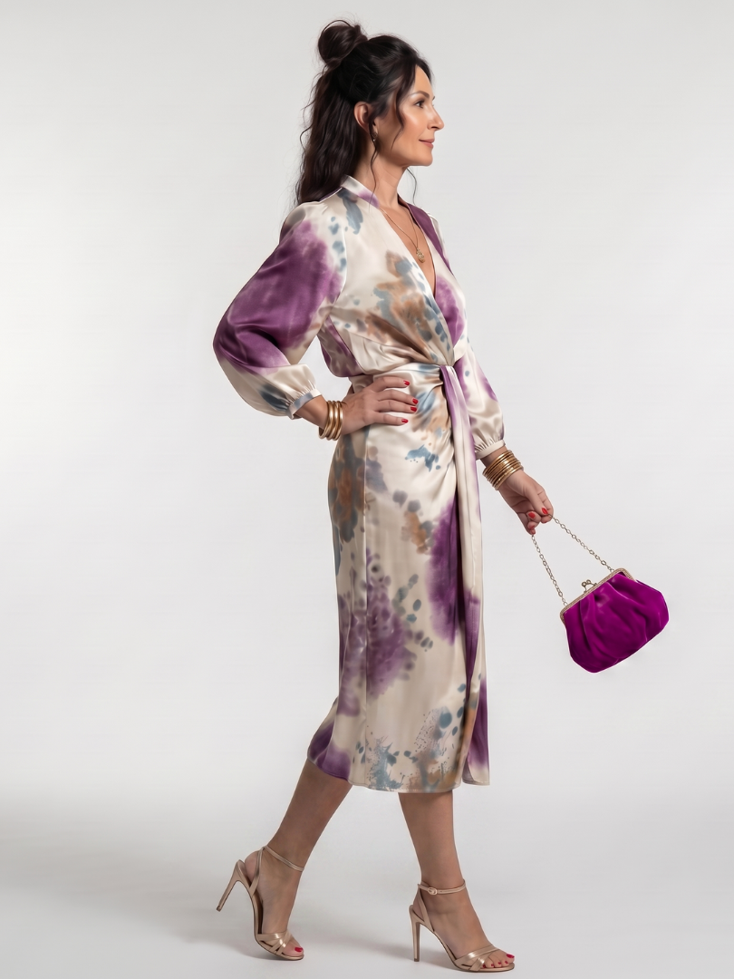 Watercolor Print V-Neck Long Sleeve Wrap Midi Dress 3