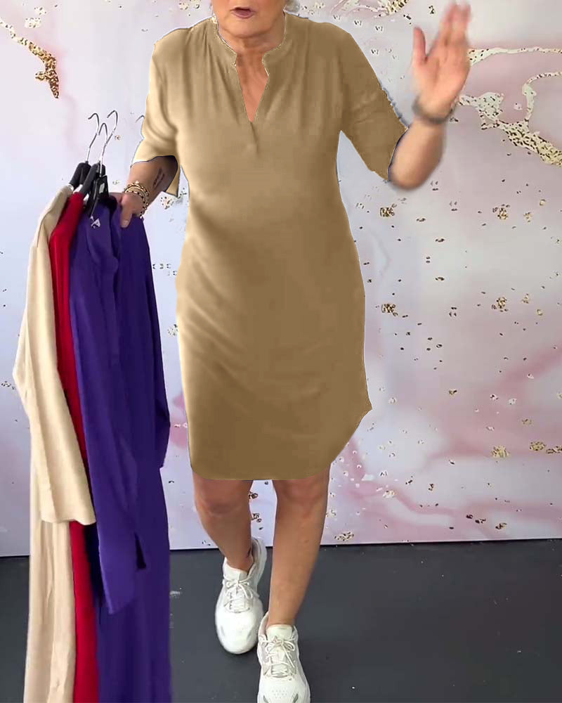 Split Neck Mandarin Collar Elbow Sleeve Pocket Shift Midi Dress - View 6