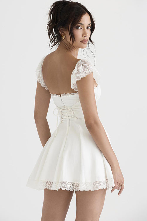 Square Neck Lace Trim Cap Sleeve Flared Mini Dress 5