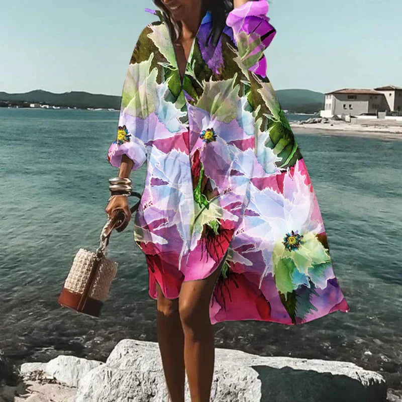 Tropical Floral Print Button Down Collar Mini Shirt Dress - View 4