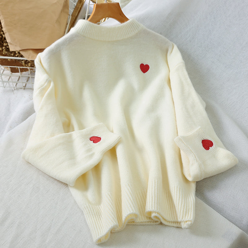 KittenAlarm - Little Heart Embroidery O-Neck Sweater