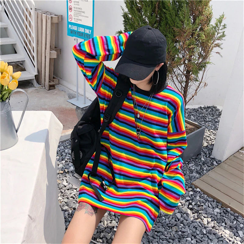 KittenAlarm - Long Sleeve Rainbow Striped Loose Sweatshirt