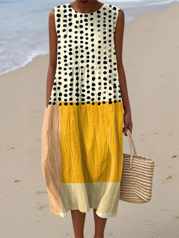 Polka Dot Colorblock Sleeveless Midi Dress