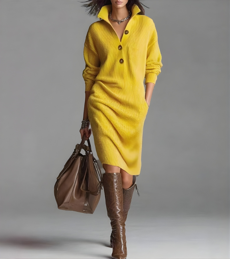 Button Placket Collared Long Sleeve Ribbed Knit Midi Dress 5