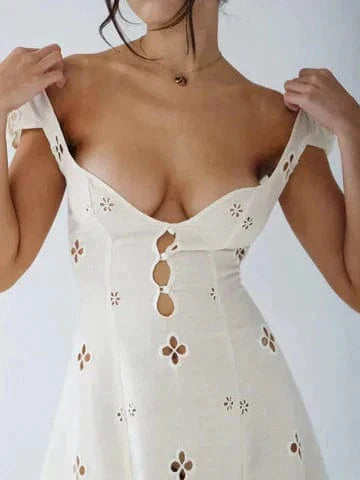 Eyelet Embroidered Cap Sleeve Keyhole Button Front Bodycon Midi Dress - View 2