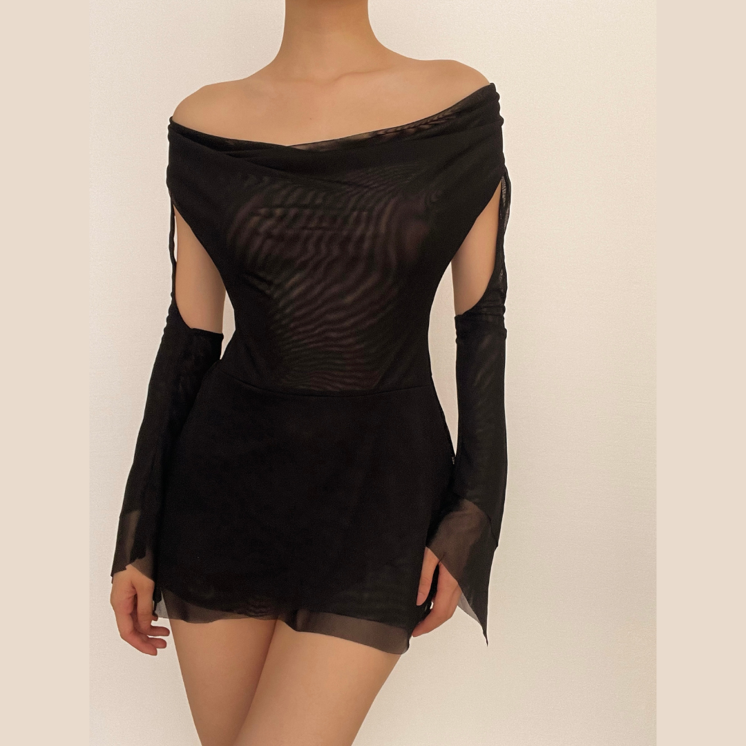 Mesh Cowl Neck Halter Long Sleeve Ruched Mini Dress - View 3