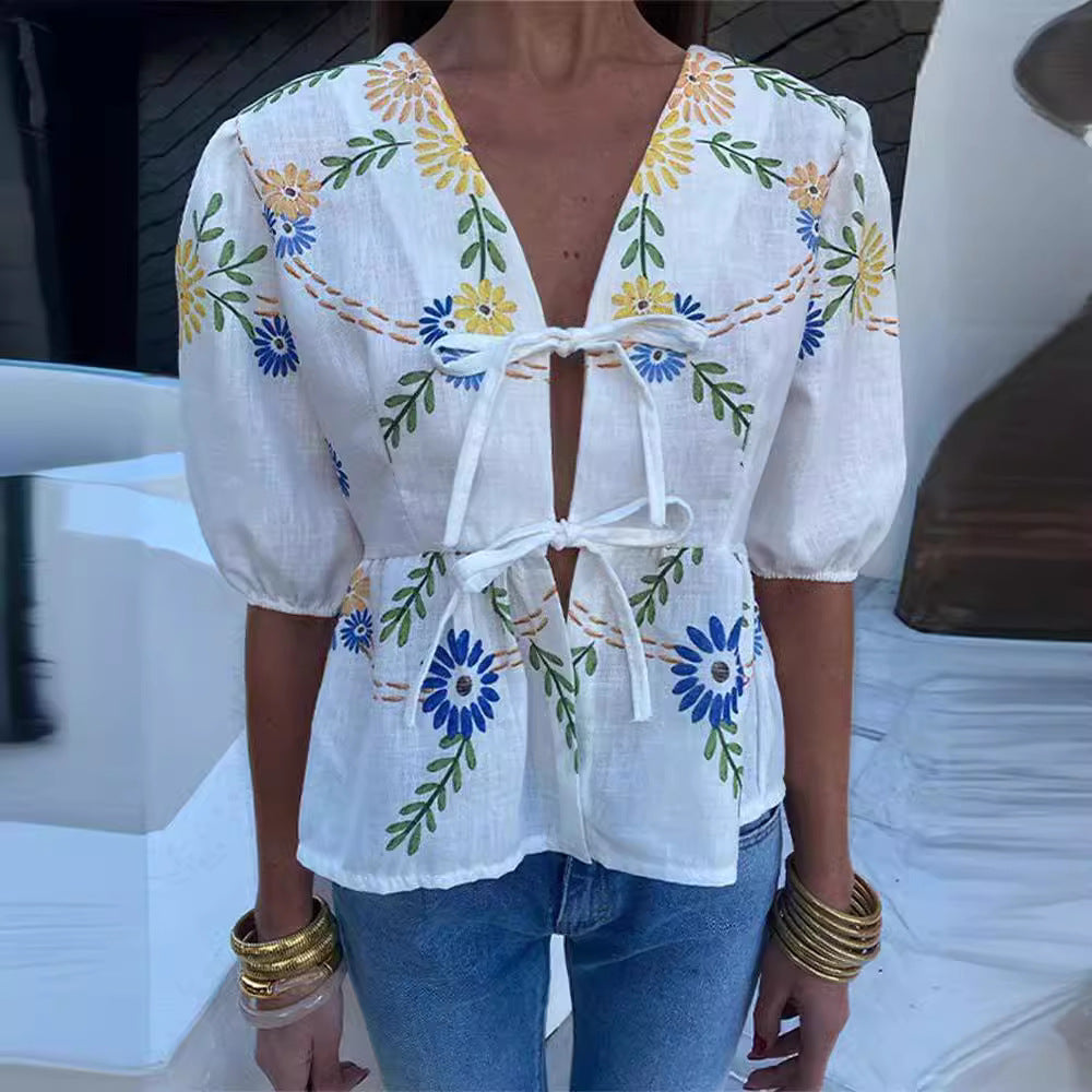 Floral-Print Loose V-Neck Lace-Up Ruffled Top - Fashionpara