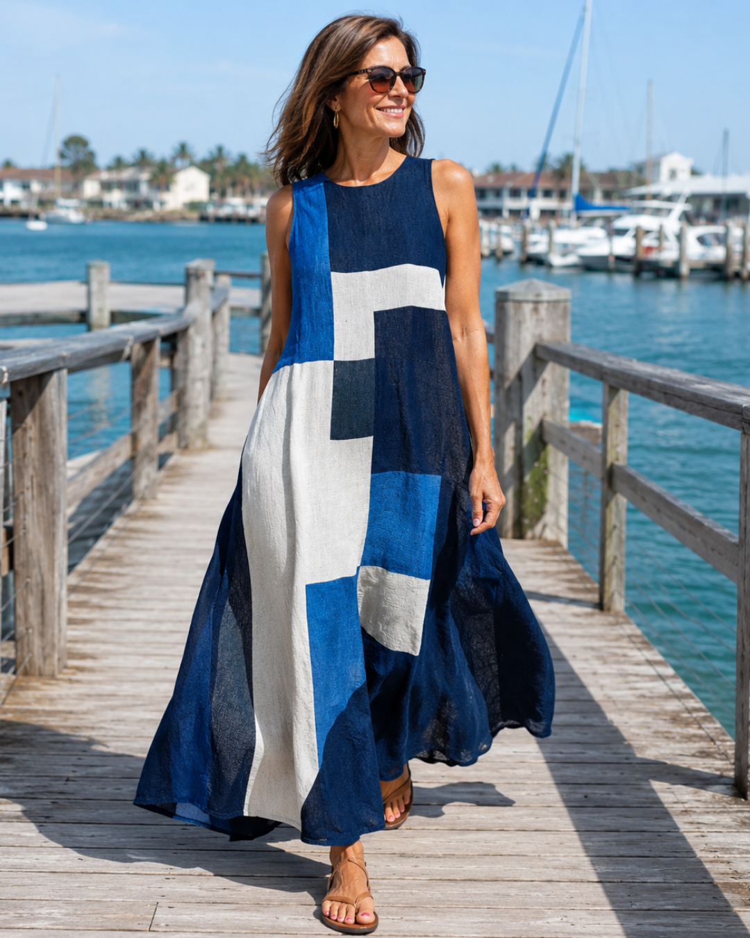 Sleeveless Geometric Color Block A-Line Maxi Dress