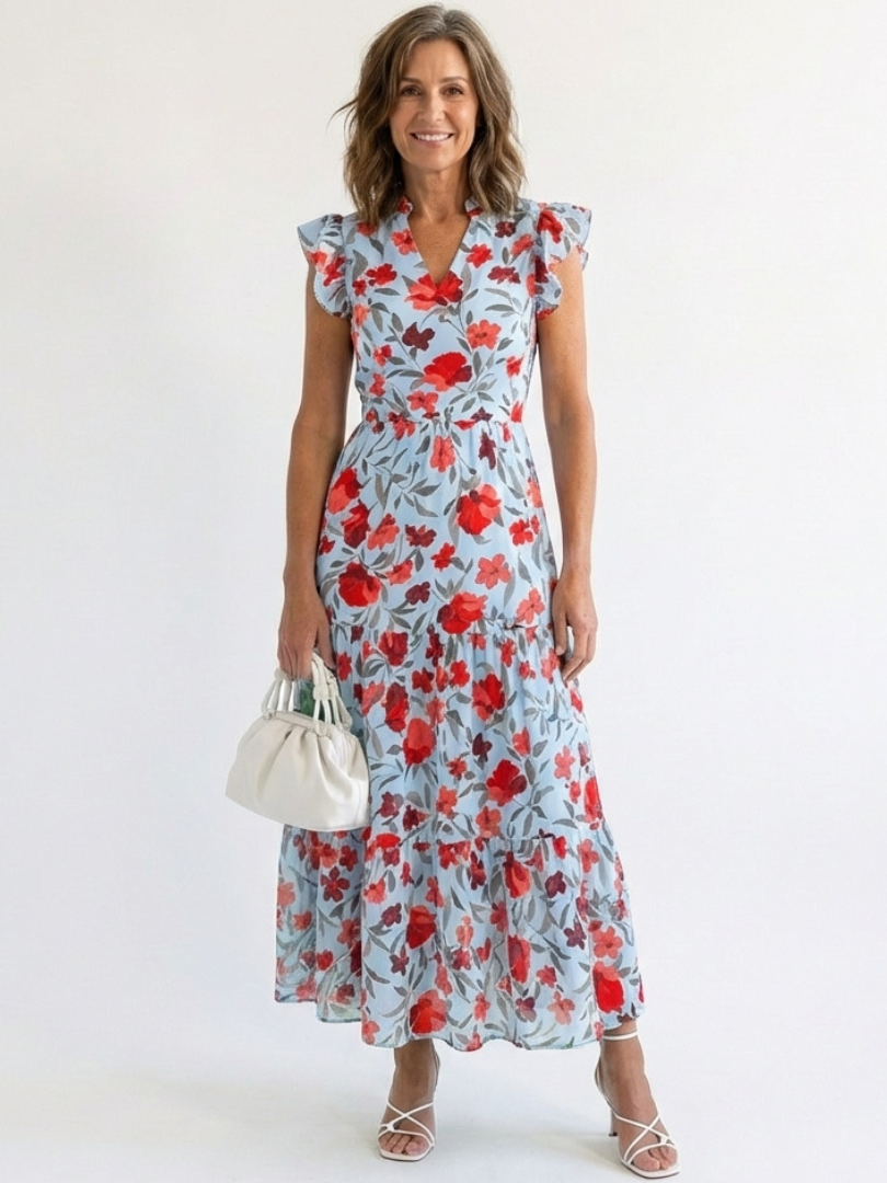 Floral Ruffle Sleeve Split Neck Tiered Maxi Dress 4