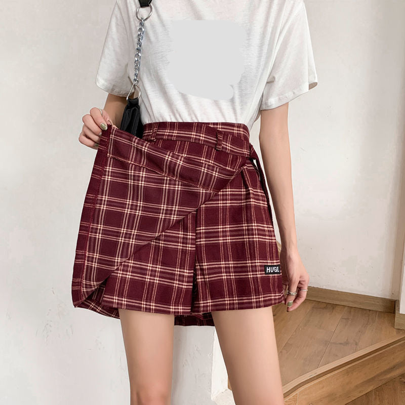 High Waist Irregular Plaid Skirts With Belt - Fashionpara