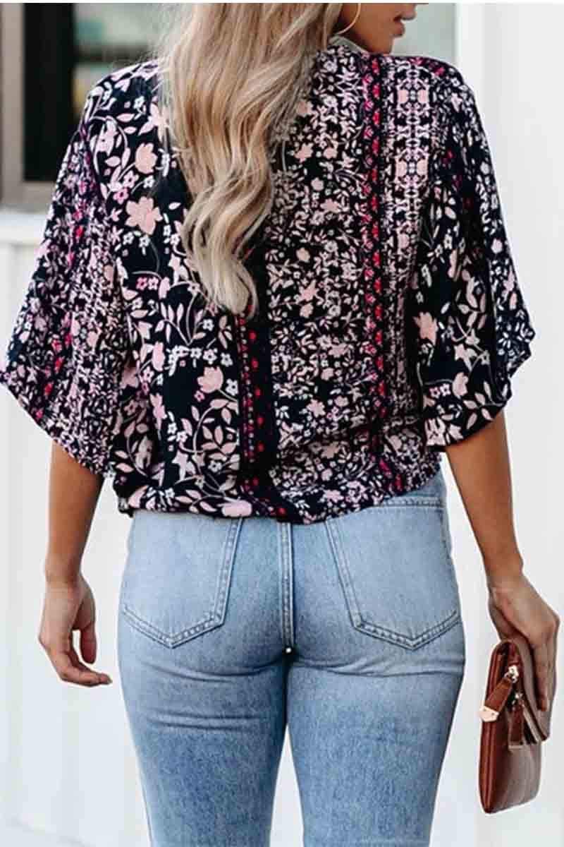 Florcoo Sexy V-neck Printed Knotted Blouse Top