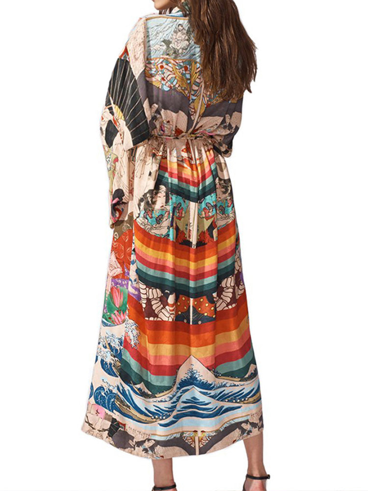 Printed Multicolor Chiffon Polyester Long Length Gown Kimono Duster Robe 4