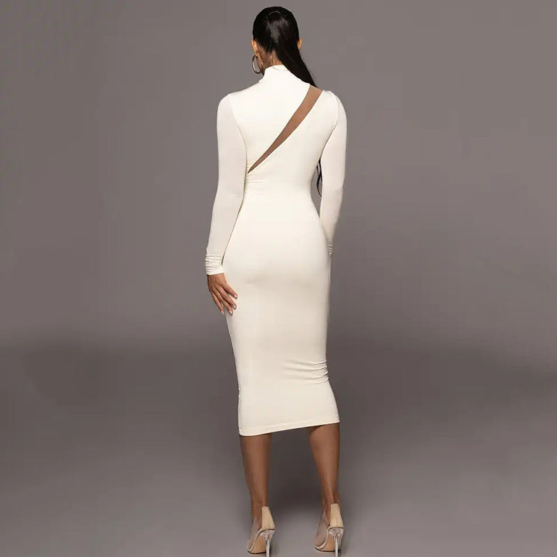 High-Neck Long-Sleeve Mesh-Cutout Bodycon Midi Dress 4