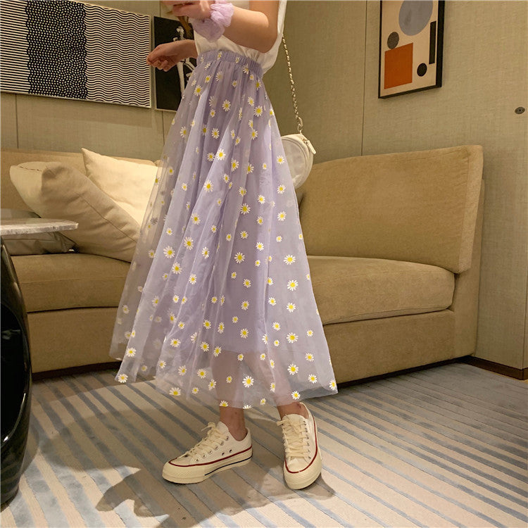 KittenAlarm - High Waist Daisy Printed Mesh Transparent A- Line Skirt