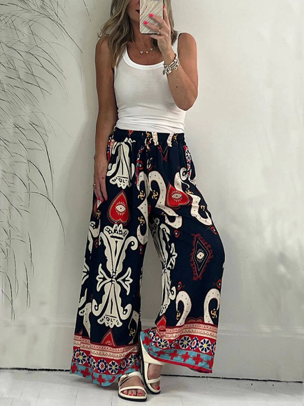 Printed Pocketed Drawstring Elastic Waist Pants - Fashionpara