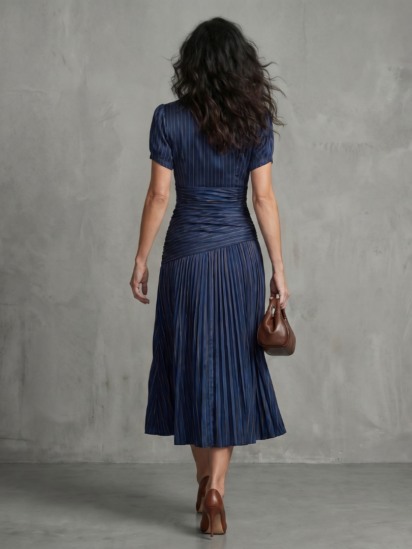 Collared V-Neck Short Sleeve Ruched Pleated Striped Midi Dress 4