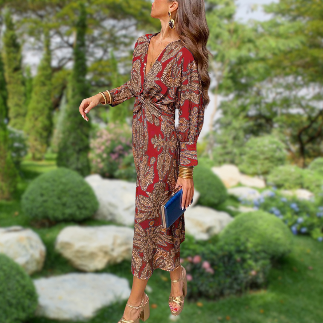 Paisley Print Deep V-Neck Knot Waist Balloon Sleeve Midi Dress - View 2