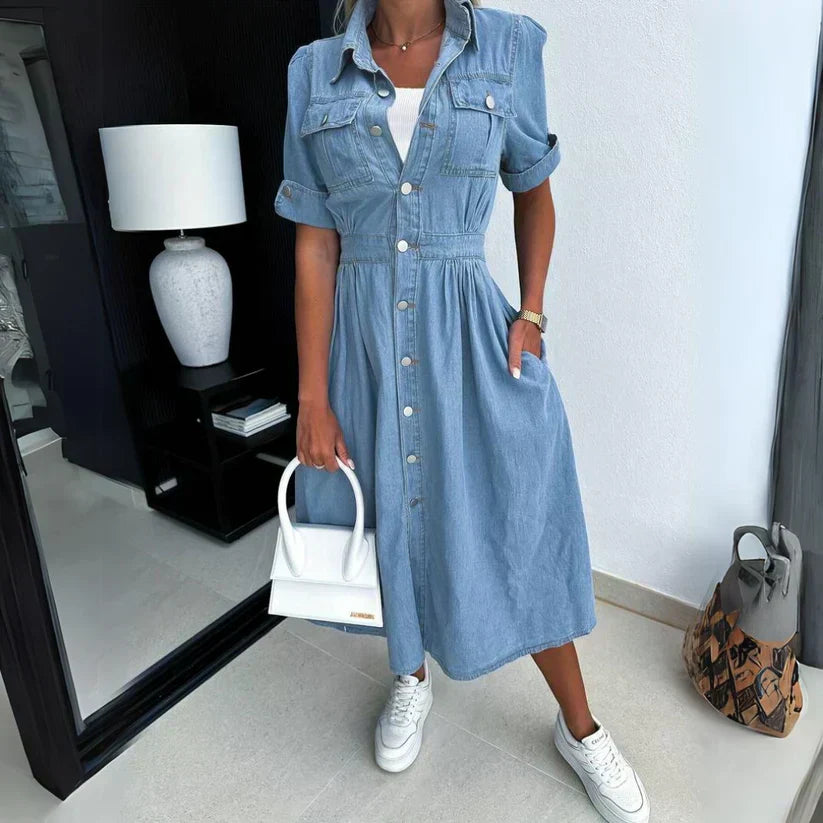 Denim Short Sleeve Button Front Chest Pocket Shirt Midi Dress - View 2