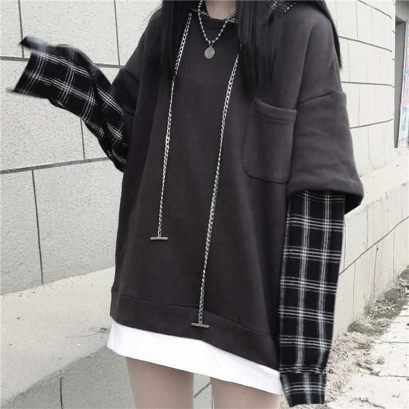 KittenAlarm - Long Sleeve Hip Hop Sleeve Plaid Hoodie