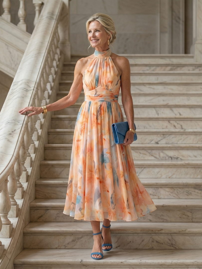 Floral Halter Neck Sleeveless Pleated Midi Dress 4