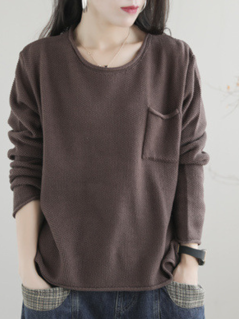 Knitted Small Pocket Solid Color Casual Loose Retro Sweater Top 4